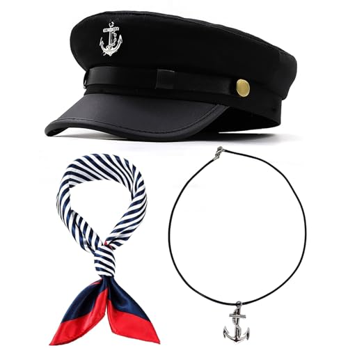 Men's Yacht Captain Skipper Anchor Hat with Sailor Scarf, Newsboy Cap Hat Cabbie Paperboy Beret Cap (Black)
