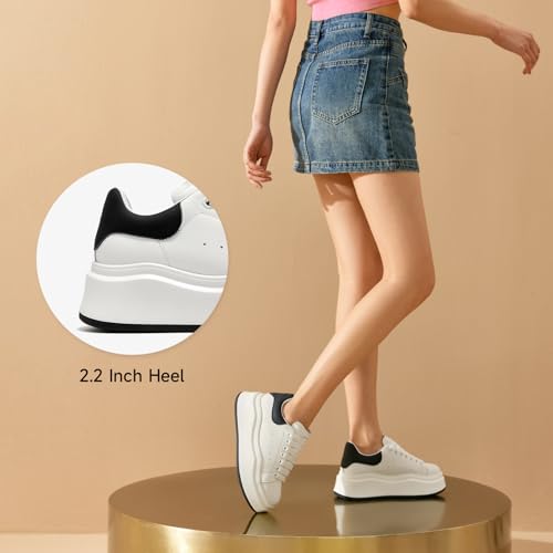 Image of BEAU TODAY Platform White Sneakers for Women,Leather Casual Tennis Shoes