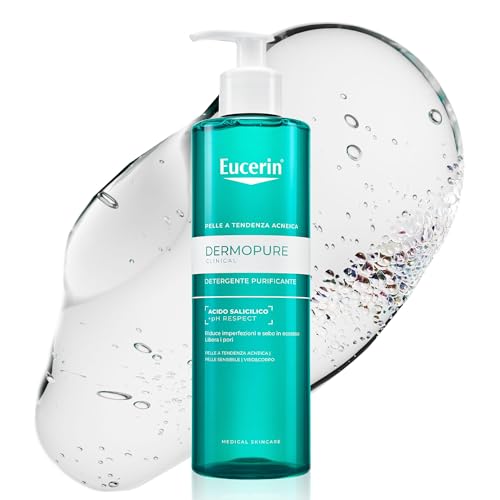 Eucerin DermoPure Clinical Gel Detergente Viso Purificante 400 ml, Detergente schiumogeno viso e corpo senza sapone efficace come struccante, Formula con Acido Salicilico per pelle grassa e acneica
