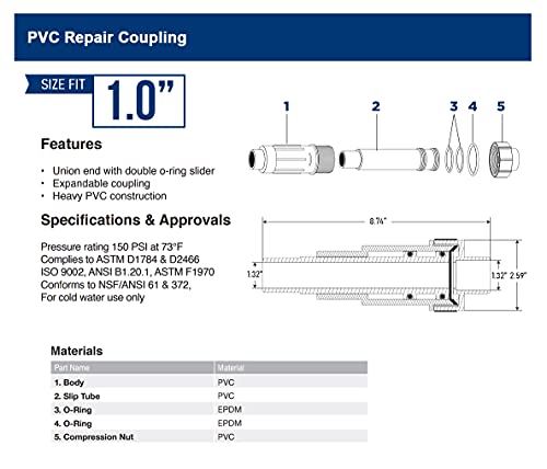 Image of Midline Valve 567SD100 Heavy Duty PVC Repair Coupling; Expandable Pipe Fitting; 1 in. White Plastic
