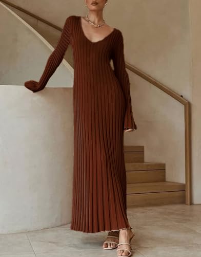 Image of Women's Long Knit Crewneck Sweater Dress Tie Waist A-Line Swing Pleated Bodycon