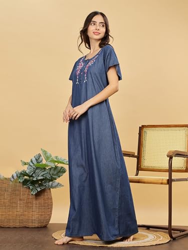 Image of 9shines Label Stylish Denim Cotton Nighty Maxi for Women | Full Length Trendy Nightgown | Premium Nightdress | Nightwear | Embroidery Nighty with Pocket (9SDS)