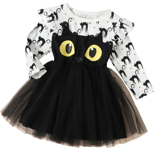 Toddler Girls Halloween Dress Long Sleeve Cat Pumpkin Print Dresses Baby Cute Holiday Party Outfit 2-7T