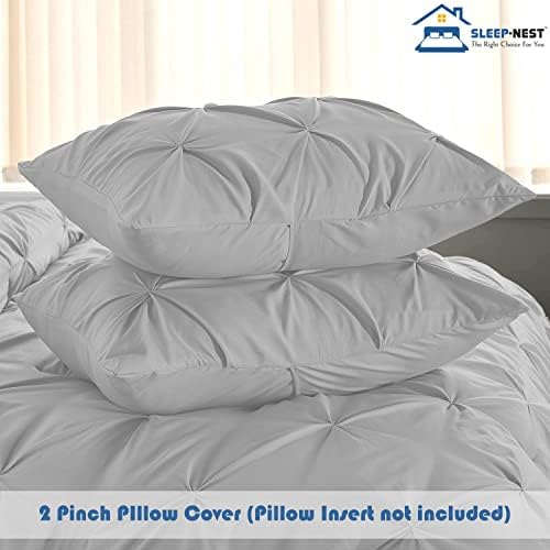 SLEEP-NEST Luxuries Decorative Pinch Pleated Pintuck Duvet Cover Super King Plus 120x120 Size 3 Piece with Zipper Closer & Corner Ties 100% Egyptian Cotton Soft & Cozy, Silver Grey Solid