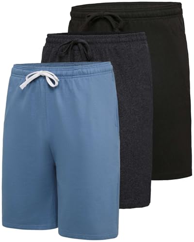 Real Essentials 3 Pack: Shorts Mens Gym Casual Workout Athletic Sweat Short Pajama Cotton Sleep Lounge Basketball Pockets 9 Inch Inseam Drawstring Fleece Pull On Elastic Jersey Knee Length Running