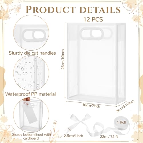Aliceset 12 Pcs Clear Plastic Gift Bag with Die Cut Handles Reusable PP Flower Bag with Ribbon for Wedding Bridal Birthday Baby Shower Party Business, 7x10x3.15 Inch(White) - Thumbnail 2