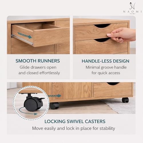Image of Naomi Home Under Desk Rolling Office File Cabinet with 5 Drawers & Side Storage Cabinet, Mobile Organizer with Shelves & Swivel Casters for Home Office - Natural