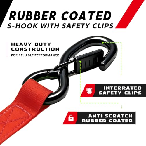 Image of Retractable Ratchet Straps (2-Pack) - Heavy Duty Auto Retraction Tie Down Straps - 1 Inch x 13 Feet (1,800lb Break Strength) - with Safety Lock S Hooks for Motorcycle, Truck Securing Cargo, Car