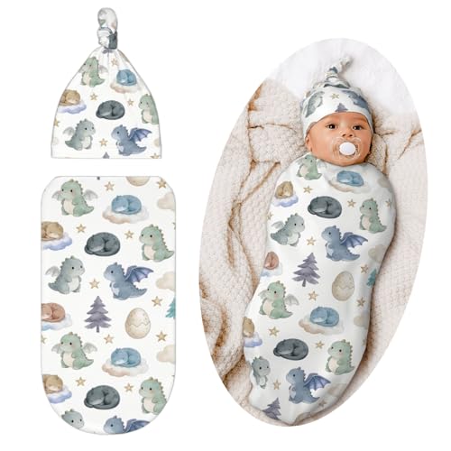 Image of Qwalnely Dragon Swaddle Blanket with Hat for Baby, Swaddling Dragon Theme Baby Stuff
