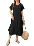 ZANZEA Maxi Dresses for Women Cotton Summer Dresses Short Sleeve A Line Tunic Dresses Loose Oversized Casual Dress with Pockets Black XXL
