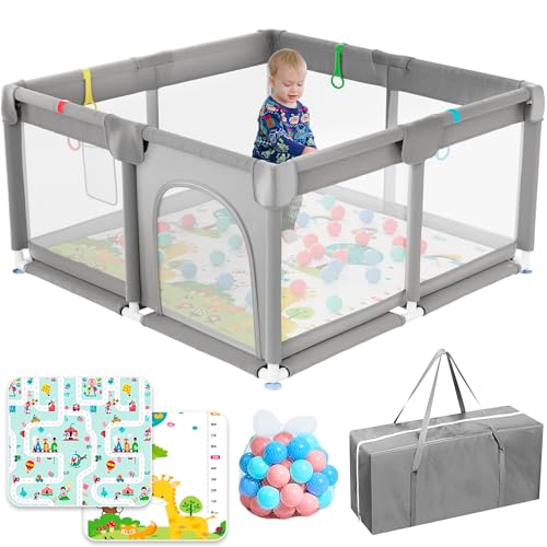 JUPPLIES Parque Infantil Bebe 120x120cm + Alfombra Bebe + 50 Bolas + Bolsas de Transporte – Corralito Bebe con Malla Transpirable – Parque de Juegos Bebe – Playpen Bebe - (Gris V2)