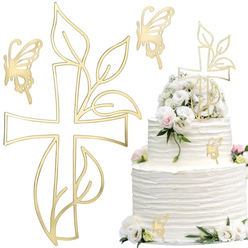 SPEACOUR 3 PCS Décoration de Gâteau en Acrylique Or, Decoration Cake Topper Papillon, Cake Topper Bapteme Croix, Gâteau Topper Personnalisée pour Décoration Gateau Anniversaire, Gateau Mariage