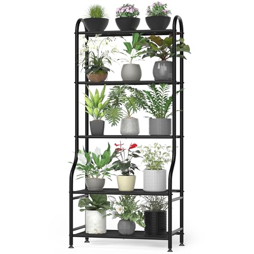 Yutrchey Soporte de metal para plantas de 5 niveles para interiores y exteriores, soporte impermeable para múltiples macetas, soportes resistentes para plantas para sala de estar, patio, jardín