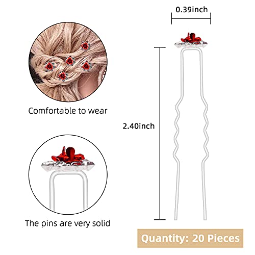 ZOUIQSS 20 Pack (Red) Crystal Hair Pins Rose Flower Rhinestone Hair Clips for Bridal Wedding Women Hair Jewelry Accessories,with Clear Container - Image 2