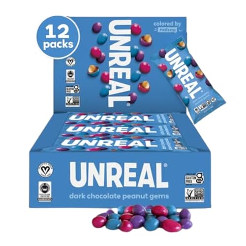 Unreal Dark Chocolate Peanut Gems | Certified Vegan Fair Trade, Non-GMO | Made with Gluten Free Ingredients and Colors from Nature | No Sugar Alcohols or Soy 1.5 Oz (Pack of 12)