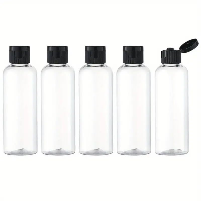 BLAPOXE 3.38 oz 100 ML Clear Plastic Empty Bottles with Black Disc Top Caps, Refillable Containers for Shampoo, Lotions, Cream and More Pack of 5, BPA Free