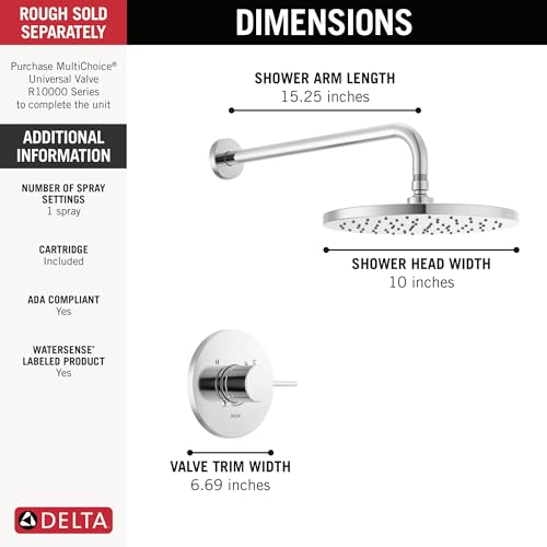 Image of Delta Modern 14 Series Round Rain Shower Faucet Set, Chrome Shower Head and Handle Set, Valve Trim Kit, Chrome T14269-PP (Valve Not Included)