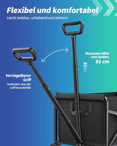 klein Kitsure Bollerwagen Faltbar – Handwagen mit Hartplastikrädern, 71,1 x 43,2 x 91,5 cm Transportkarre für Einkäufe, Garten, Camping, Sport & Angeln, Schwarz