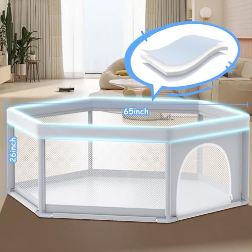 Image of Poudee 65x65 Inch Hexagonal Playpen, Playpen for Toddlers, Baby Play Yard with Non-Slip Suction Cups, Baby Fence