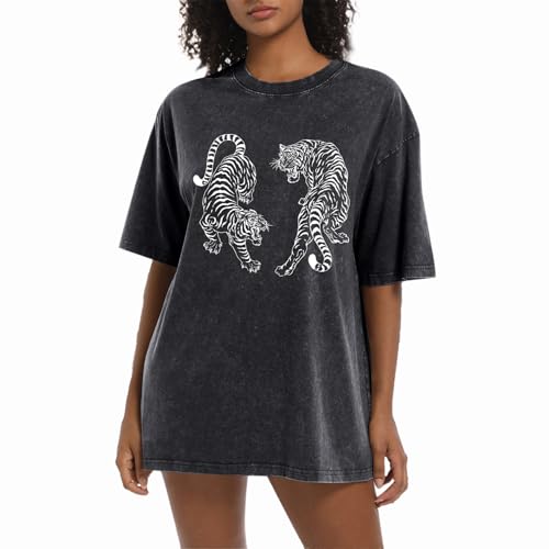 Tiger Graphic Tees Shirt for Women Oversized Streetwear Shirts Acid Wash Tshirt Tigers Print Cotton Summer Tops