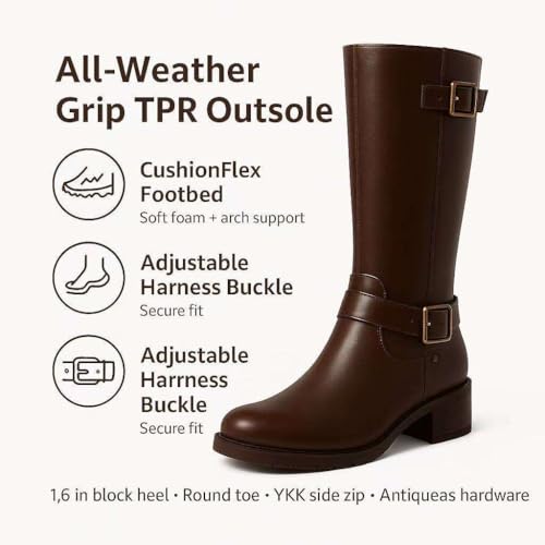Women’s Knee High Boots for Women, Moto Biker Harness Riding, Round Toe Stacked Heel, Side Zip, Non-Slip Outsole, Cushion Insole, Wide Calf, Faux Leather4