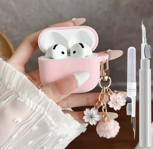GARTOO Cute Pink Case for Airpods 4 Cover for Girl Women with Pom pom Flower Keychain & Cleaner Kit, Soft Silicone Airpods iPod 4 Gen Protective Cover Skin for Airpod 4 Pink