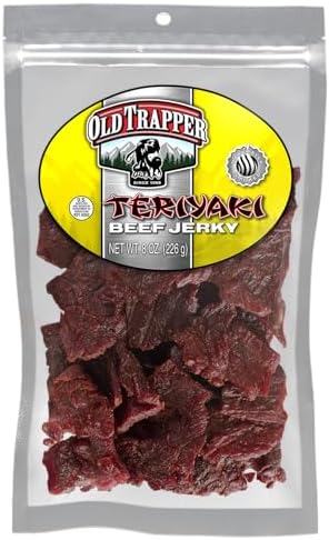 Old Trapper Beef Jerky, Teriyaki 8 Ounce Individual Pack, Tender Meat Snack for Lunches or Between Meals, 11 Grams of Protein, Zero Grams of Fat, and 70 Calories per Serving (Pack of One)