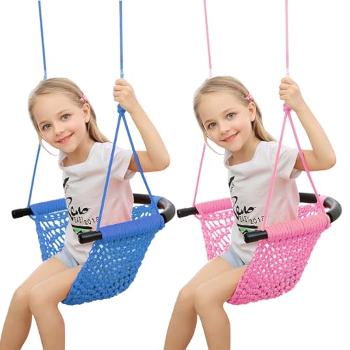 ROPECUBE Hand-Knitting Toddler Swing, Swing Seat for Kids with Adjustable Ropes, Little tikes Swings Set, for Outdoor Indoor, Playground, Backyard (Blue+Pink)