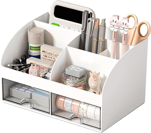 Uniface Desk Organizer Multi-Use Desk Tidy & Pen Holder with 6 Storage and 2 Slide Drawer Desktop Organizer for Home Office and School