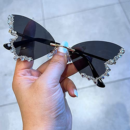 Female Diamond Butterfly Sunglasses for Women UV Protection Vintage Party Rimless Rhinestone bling Sunglasses Eyewear (black)4