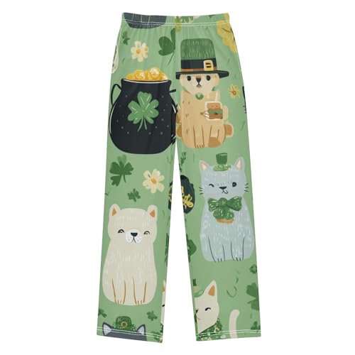 Cat Shamrock Boys Long Pants Soft Trousers Elastic Waist Kids Lounge Bottoms with Pockets S-XL