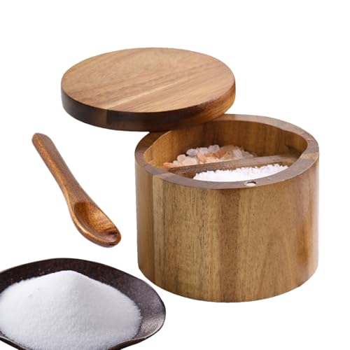 Salero de madera – Recipiente de acacia con tapa giratoria | Caja de sal con compartimento de cuchara integrado, elegante recipiente de cocina para especias en el hogar, restaurante, hotel, ideal para
