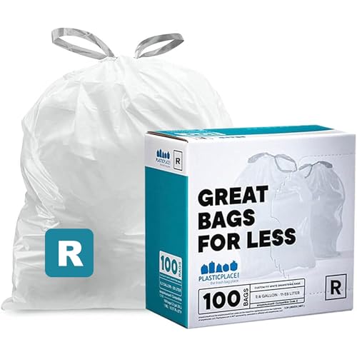 Image of Plasticplace Custom Fit Trash Bags, Compatible with Simplehuman Code R (100 Count) White Drawstring Garbage Liners 2.6 Gallon/ 10 Liter 16.5" x 18"