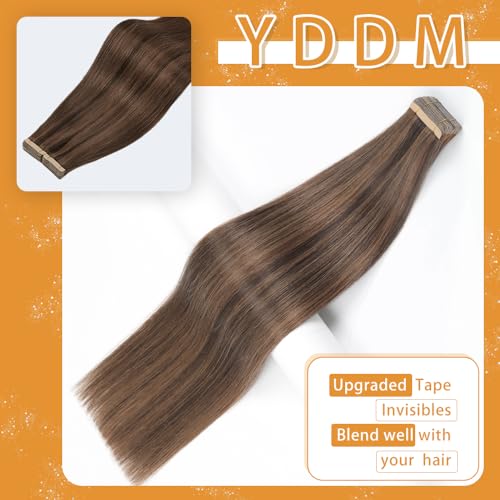 Image of YDDM Tape in Hair Extensions Human Hair, Dark Brown Highlighted Chestnut Brown 100% Remy Human Hair 20pcs 16 Inch Straight Seamless Invisible Tape in Hair Extensions(P2 /6#, 16 Inch)