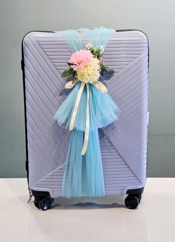 Image of SATYAM KRAFT 4 Pcs Adjustable Suitcase Net Band Reusable Ready-to-Use with Artificial Flower Bunch Trolley Bag Decoration, Suitcase & Wedding Decor, Gifting, Crafting, Wrapping, DIY Craft (Pack of 4) (Blue)