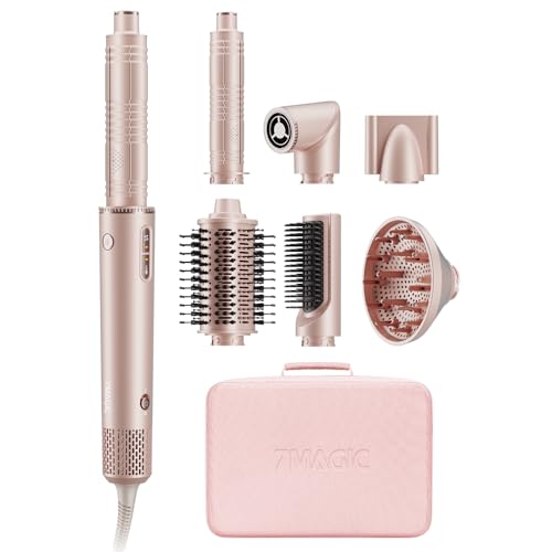 7MAGIC Air Styler 7 en 1 Multifunción, Cepillo de Aire Caliente Voluminizador y Alisador, Rizador Automático, Secador de Pelo Iónico, Moldeador Profesional, sin Daño por Calor, con Estuche de Viaje
