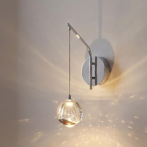 Image of 13 inch Chrome Hanging Wall Sconce Vintage, Integrated LED Bubble Glass Globe, Modern Art Deco Hanging Wall Light for Bedroom, Living Room and Bathroom, Silver, 3000K Warm White, Hardwired