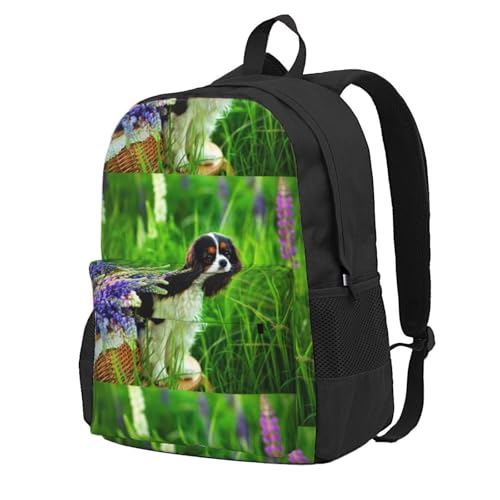 Sac à dos homme et femme Cavalier King Charles motif fleuri lupin multi-poches