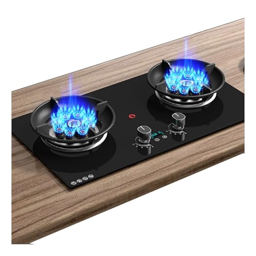 Cuisinière À Gaz 2 Feux, 5,2 KW, 9 Cavités, Feu Élevé, Verre Trempé Noir, Support De Casserole En Fonte, Minuterie De 180 Minutes (indépendante Des Deux Côtés)(LPG)