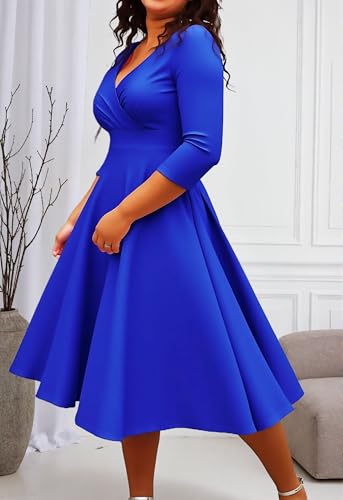 Image of Womens Plus Size Dresses Faux Wrap Summer Dress 3 /4 Sleeves V Neck 1950s Retro Vintage Wedding Party Midi Dress