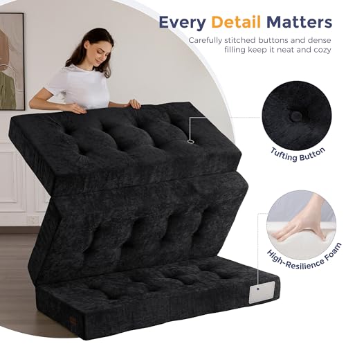 Image of MAXYOYO 6 inch Folding Sofa Bed for Floor, Tufted Tri-Fold Floor Mattress with Chenille Fabric, Full Size Portable Sofa Couch Guest Mat for Adults, Foldable Topper for Camping, Black, 53 inchx75 inch