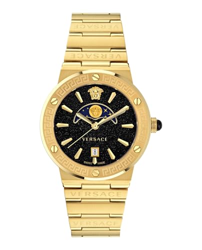 Versace Greca Logo Moonphase Collection Luxury Womens Watch Timepieces with a Gold Bracelet and Case Featuring a Black Dial