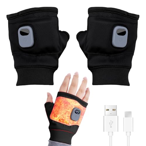 Electric Heated Gloves Rechargeable Heated Fingerless Gloves Half Fingers USB Heating Warm Glove Mittens Adjustable Heating Riding Gloves for Winter Cold Weather Thermal Fingerless Gloves