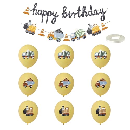 1 bandeira de aniversário para veículo de construção, 9 balões com 1 rolo de fita, decoração de aniversário infantil, decoração de carro, bandeira de fundo de aniversário