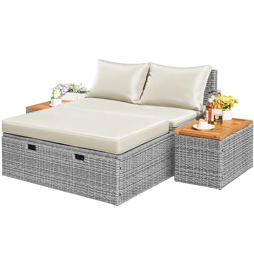 Flamaker Outdoor Rattan Daybed with Side Tables