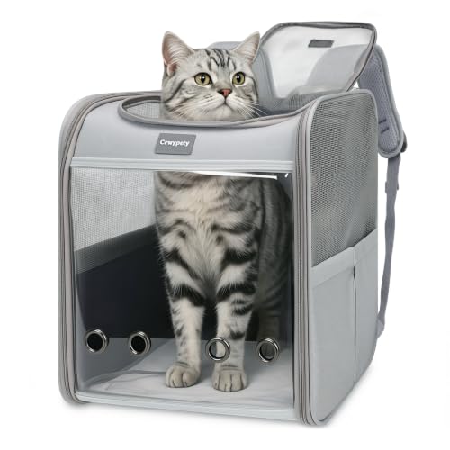 Image of Cawypety Cat Backpack Carrier, Breathable Cat Carrier Large Space Bubble Pet Backpack For Kitty Small Dog Up To 15Lbs, Transparent & Foldable Pet Carrier For Travel Hiking (Light Gray) | Collapsible and Breathability, Sunshade Curtain, Transparent Window, Travel Backpack Suitable for Vet Hiking, Walking Outdoor