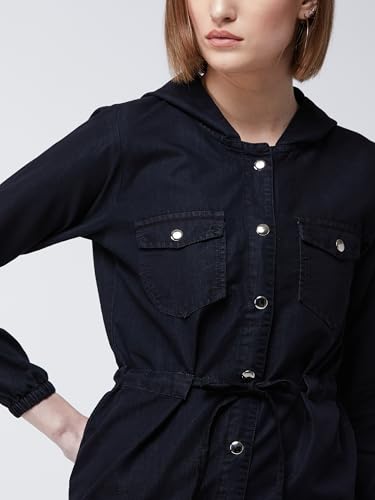 Image of Miss Chase Women's Polo Neck Full Sleeves Patch Pocket Denim Overcoat Knee-Length Jacket
