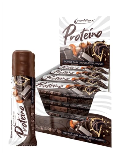 IronMaxx Proteino Protein Bar - Doble Chocolate 12 x 30g | Barrita alta en proteínas con base de barquillo y relleno cremoso | Barrita proteica baja en azúcar sin gluten y sin aceite de palma