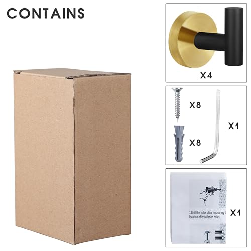 Image of 4 Pack Robe Towel Hooks Coat Hook Bathroom Black Gold Wall Hook Stainless Steel Heavy Duty Door Hanger Towel Robe Clothes Cabinet Closet Sponges Hook for Bathroom Bedroom Kitchen Hotel Pool