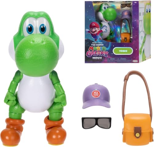 Image of Super Mario Galaxy Movie Yoshi 13cm Figure | Officially Licensed by Jakks Pacific, 20 Points of Articulation, Includes Cap, Sunglasses and Satchel, for Ages 3+